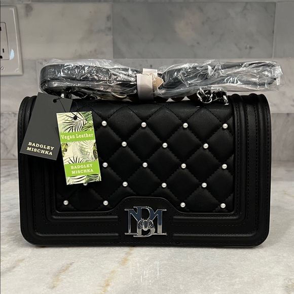 Badgley Mischka Handbags - BADGLEY MISCHKA Black Letterlock Crossbody with White Pearls